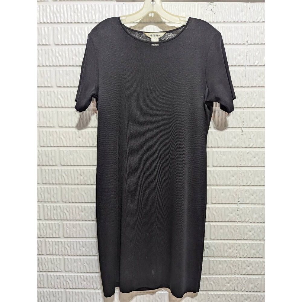 Misook Women's Black Solid Short-Sleeve Crew-Neck Iconic Knit Dress Large